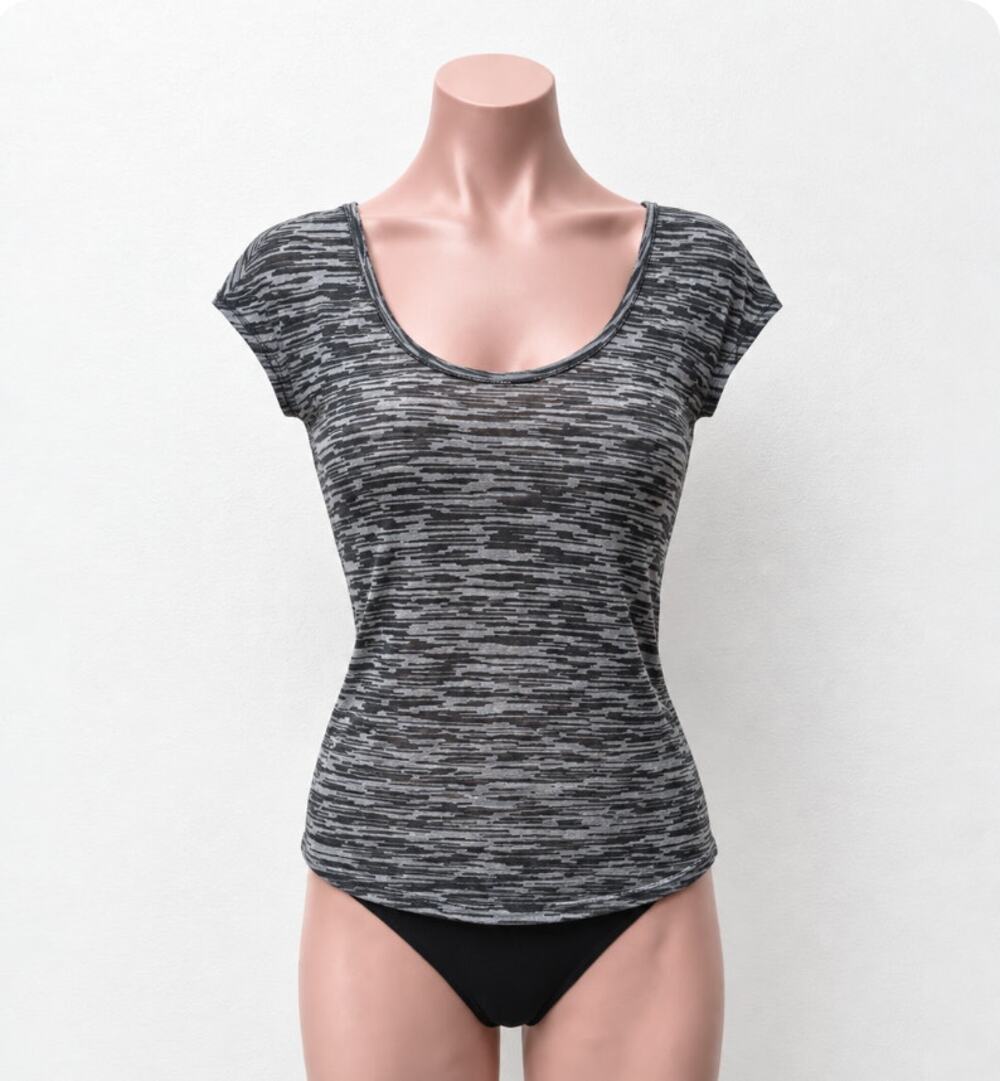 Athleta Well Loved Black and Gray Striped Burnout Deep Scoop Cap Sleeve Top Med